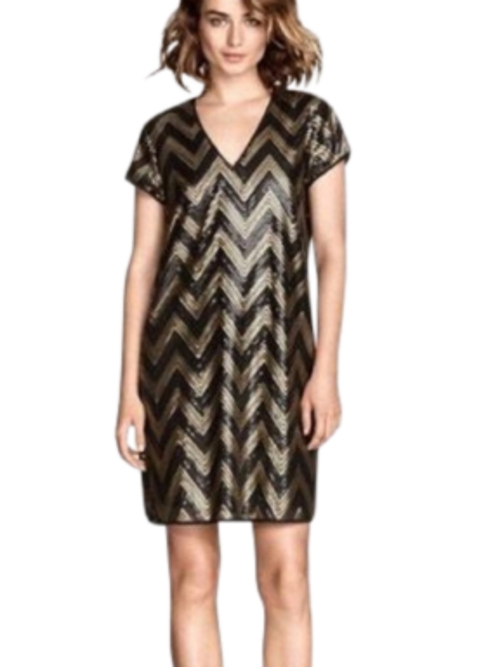H&M Black Gold V-Neck Chevron Sequins Night Out Dress Size Women's Small 6